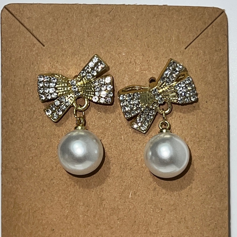 Gold Tone‎ Bow Pearl Drop Earrings Women Fashion Jewelry - Picture 4 of 6